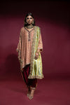 Peach Embellished Box Tunic with Red Velvet Shalwar and Double Sided Kamkhaab Chaadar