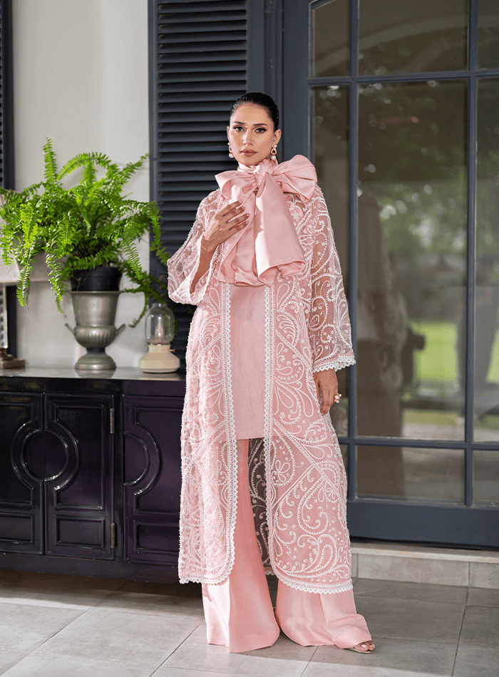 Pink Organza Pearl Embellished Coat with Slip and Trousers
