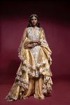 Gold Lamé Kameez with Ivory Embroidery, Crushed Lehnga and Ruffled Dupatta