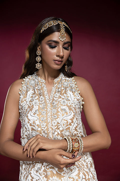 Gold Lamé Kameez with Ivory Embroidery, Crushed Lehnga and Ruffled Dupatta