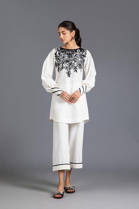 White Cotton Ribbon Embroidery Tunic with Culottes