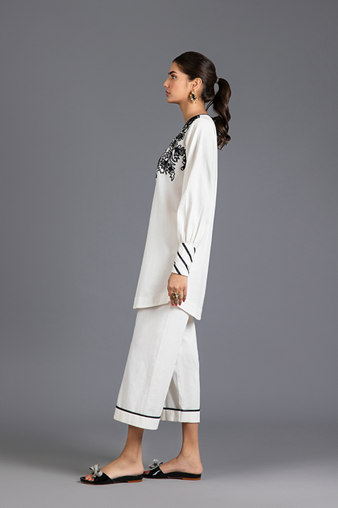 White Cotton Ribbon Embroidery Tunic with Culottes