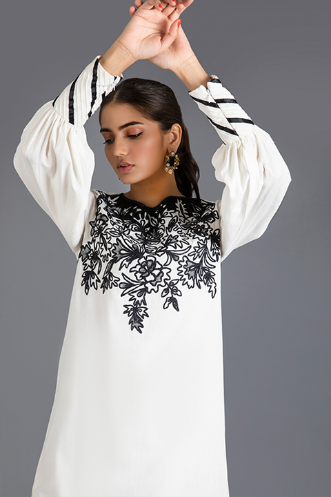 White Cotton Ribbon Embroidery Tunic with Culottes