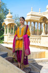 Yellow Multi Resham Hand Embroidered Tunic with Fuchsia Shalwar and Net Duputta/Fuchsia Chadar