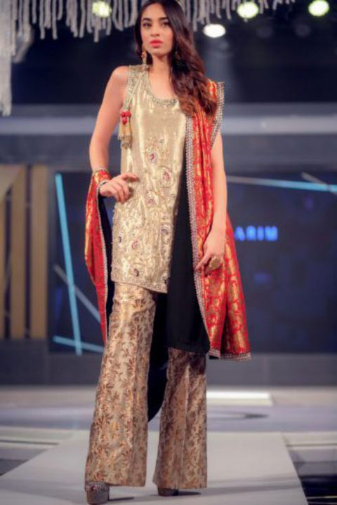 Sleeveless Gold Lamé Shirt with Brocade Trouser and Red Kamkhaab Dupatta