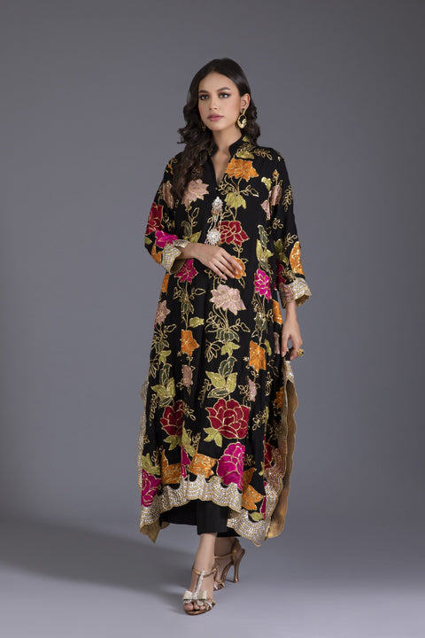 Black & Multi Colored Floral Drop Hemline Tunic with Izaar
