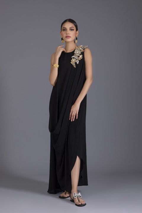 Black Draped Georgette Kaftan