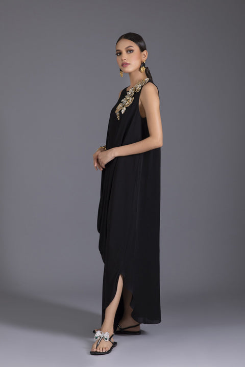 Black Draped Georgette Kaftan