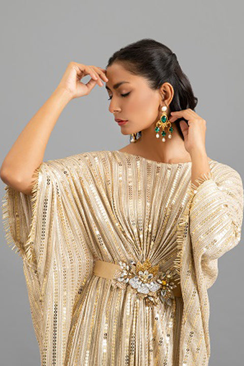 Gold Sequin Kaftan with Three Dimensional Crystal Belt