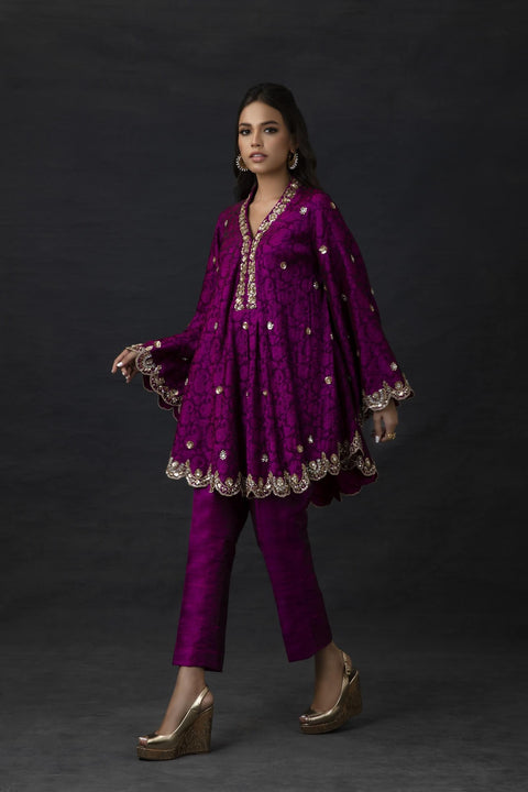 Magenta Embellished Bias Cut Tunic with Cropped Trousers