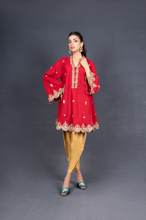 Net Embellished Bias Cut Tunic with Skinny Shalwar