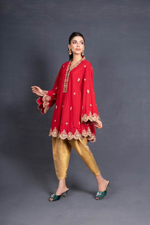 Net Embellished Bias Cut Tunic with Skinny Shalwar