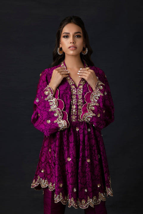 Magenta Embellished Bias Cut Tunic with Cropped Trousers