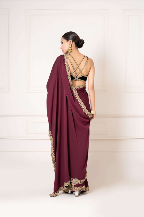 Wine Embellished Sari with Velvet Blouse