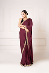 Wine Embellished Sari with Velvet Blouse
