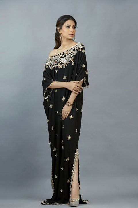 Black Georgette Bird Embellished Kaftan