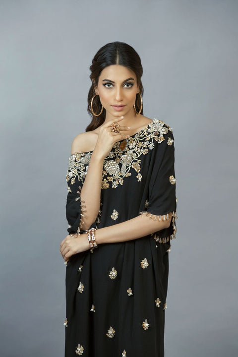 Black Georgette Bird Embellished Kaftan
