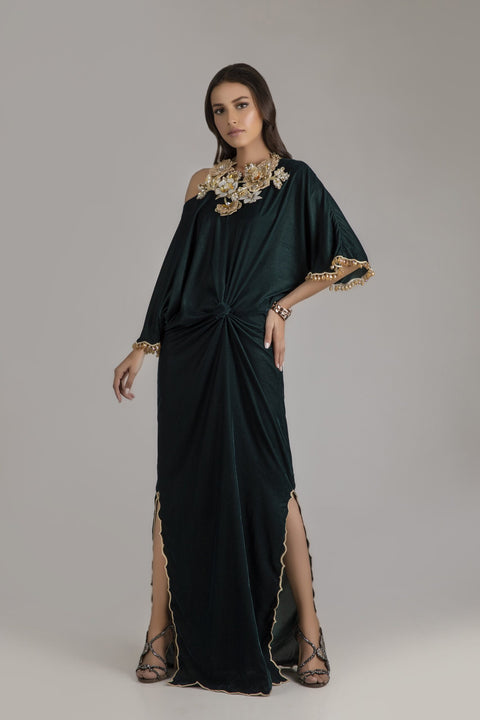 Bottle Green Velvet Kaftan with Crystal Embellished Necklace