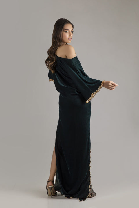 Bottle Green Velvet Kaftan with Crystal Embellished Necklace