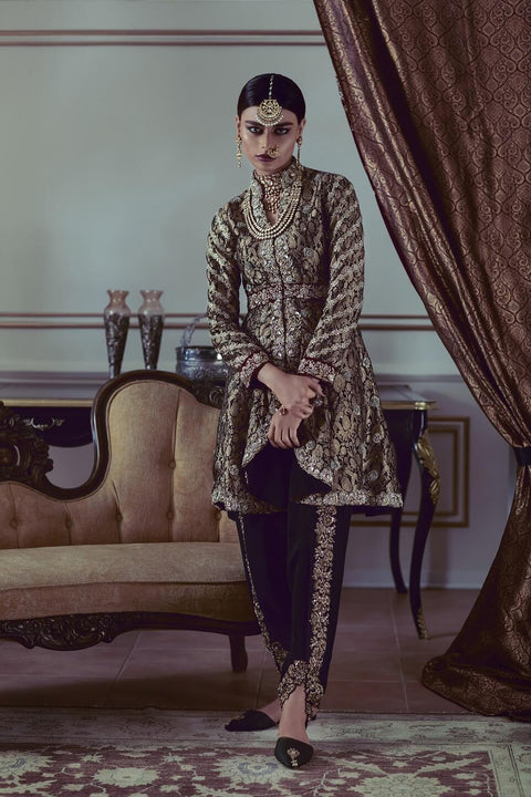 Black Jamawar Peplum Coat with Black Dhoti Pants