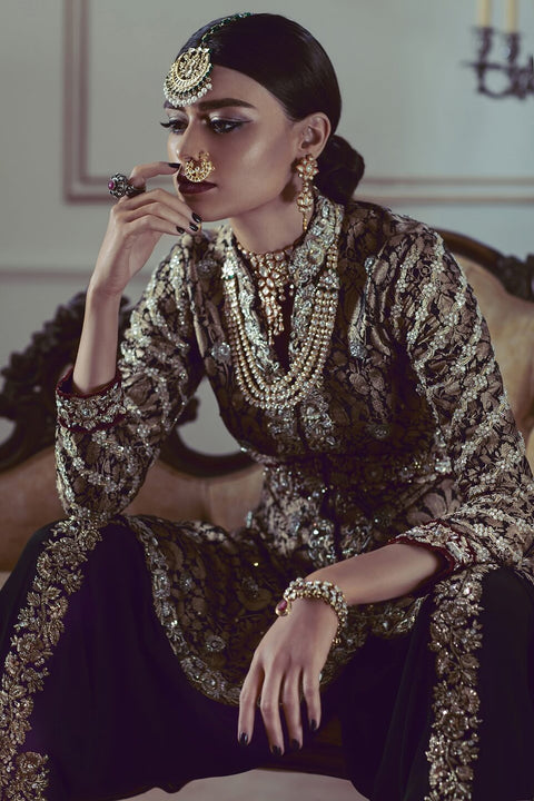 Black Jamawar Peplum Coat with Black Dhoti Pants