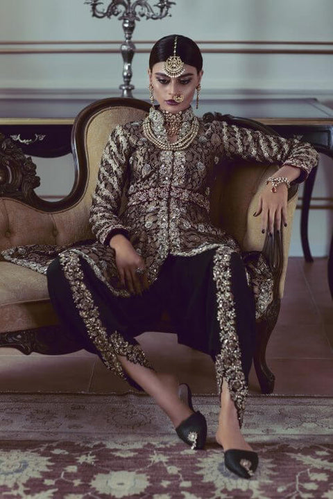 Black Jamawar Peplum Coat with Black Dhoti Pants