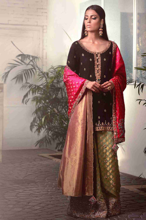 Black Self Ebossed Jamawar Zardosi Tunic with Celadon Green Dhaka Pajama and Fuschia Dupatta