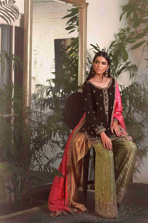 Black Self Ebossed Jamawar Zardosi Tunic with Celadon Green Dhaka Pajama and Fuschia Dupatta