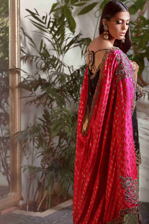 Black Self Ebossed Jamawar Zardosi Tunic with Celadon Green Dhaka Pajama and Fuschia Dupatta