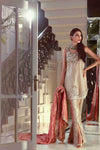 Gold Lamé Spaghetti Strapped 3D Embroidered Shirt, Trousers and Dupatta
