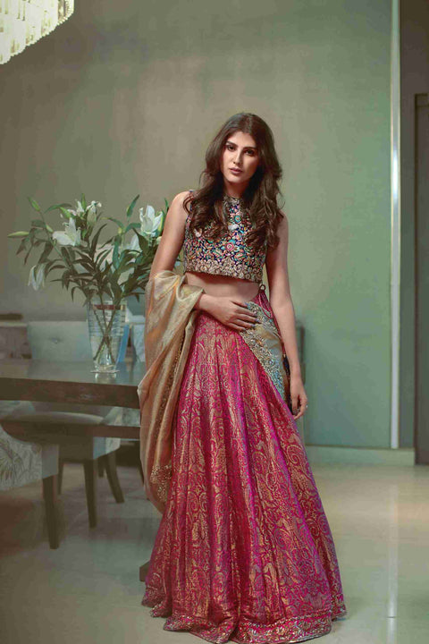 Magenta Brocade Lehenga with Full Aari Embroidered Choli and Gold Duppatta