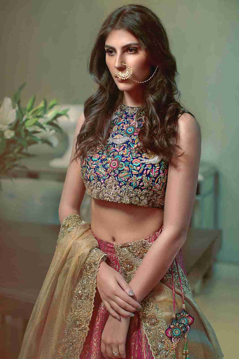 Magenta Brocade Lehenga with Full Aari Embroidered Choli and Gold Duppatta