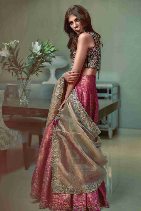 Magenta Brocade Lehenga with Full Aari Embroidered Choli and Gold Duppatta