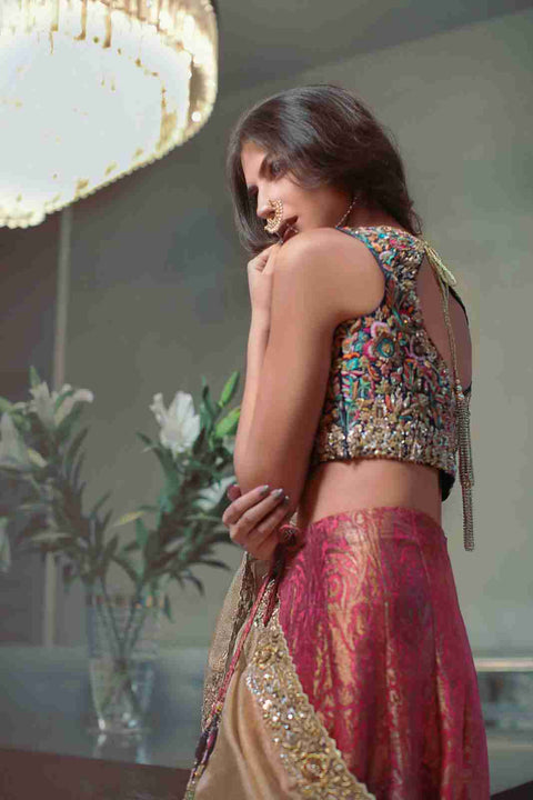 Magenta Brocade Lehenga with Full Aari Embroidered Choli and Gold Duppatta
