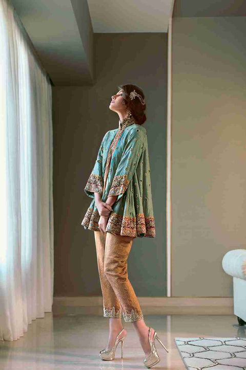 Celadon Green Bias Jacket with Beige Shameez and Cropped Trousers