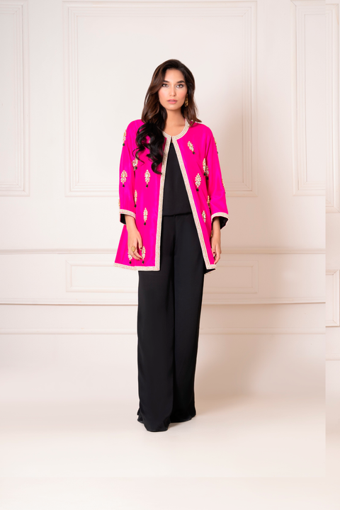 Hot Pink Crystal Motif Jacket with Jumpsuit