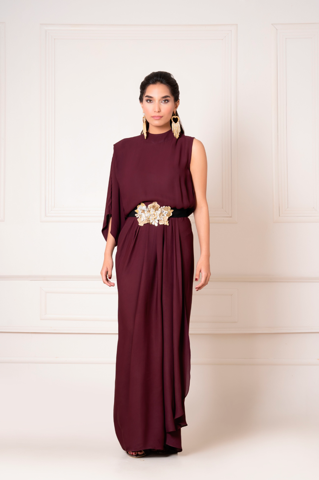 Draped Dress with Crystal Embellished Belt– Maheen Karim