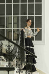 Black Choli with Ivory Embroidery, Four Tiered Skirt with Organza Dupatta