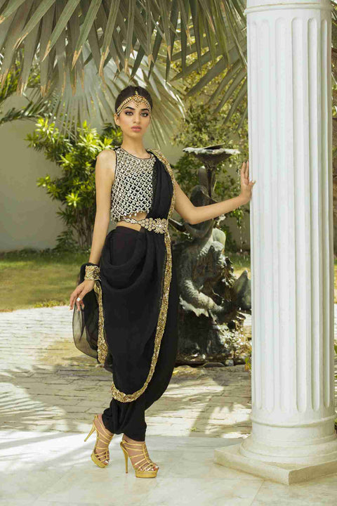 Black Crystal Drop Choli with Sari Pants and Organza Embellished Dupatta with belt