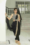 Black Crystal Drop Choli with Sari Pants and Organza Embellished Dupatta with belt