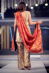 Sleeveless Gold Lamé Shirt with Brocade Trouser and Red Kamkhaab Dupatta